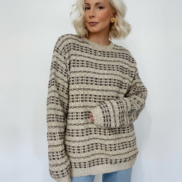 Oversized Slouchy Neutral Granola Girl Cable Knit Grandpa Sweater Basket Weave - Picture 1 of 5